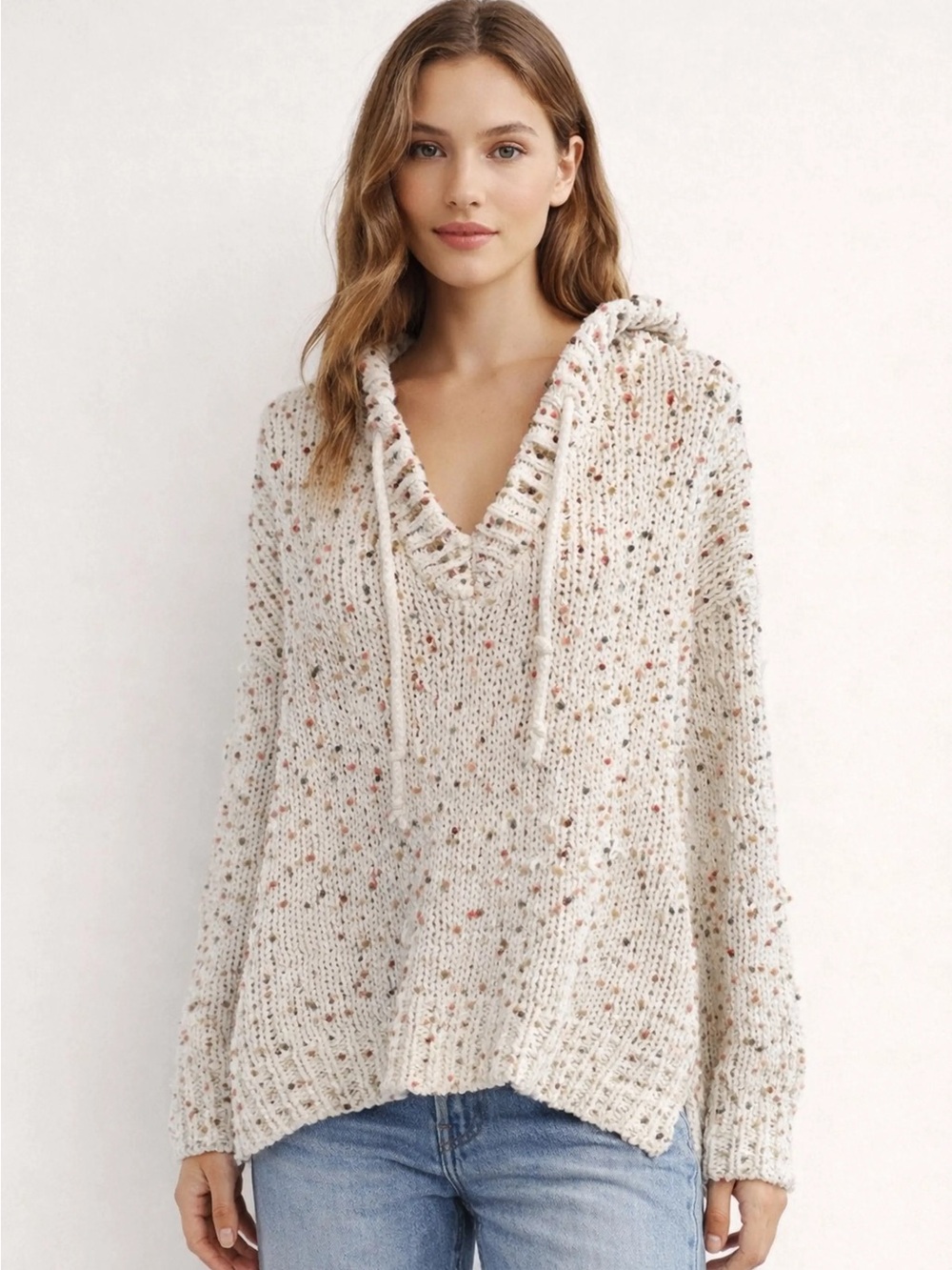 Pol chunky  Cream Speckled Hooded Knit Sweater pullover size large casual boho